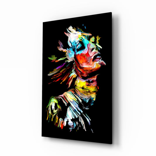 Ecstasy glass wall art displayed above a console in a designer interior