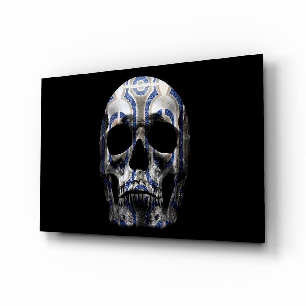 Ornament Skull glass wall art displayed above a console in a designer interior