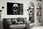 Ornament Skull glass wall art styled above a desk in a man's office