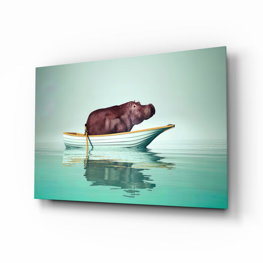 Hippo Boat glass wall art displayed above a console in a designer interior