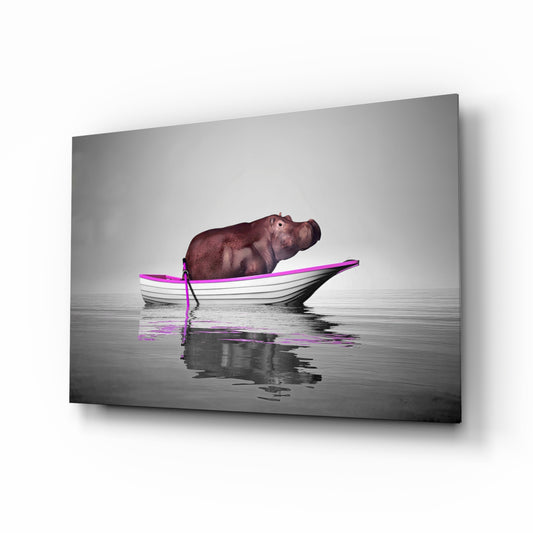 Pink Hippo glass wall art displayed above a console in a designer interior