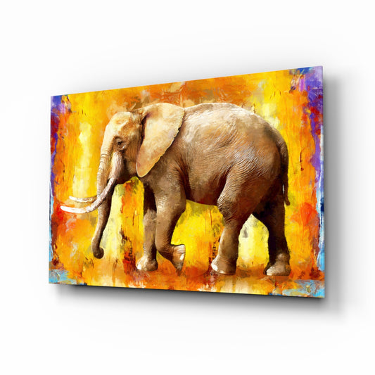 Painted Elephant glass wall art displayed above a console in a designer interior