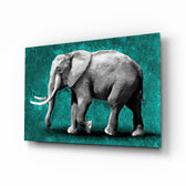 Teal Elephant glass wall art displayed above a console in a designer interior