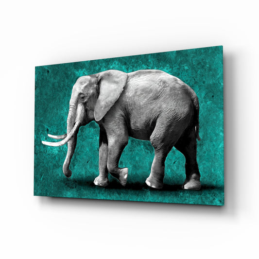 Teal Elephant glass wall art displayed above a console in a designer interior