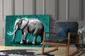 Teal Elephant glass print enhancing a foyer with editorial drama