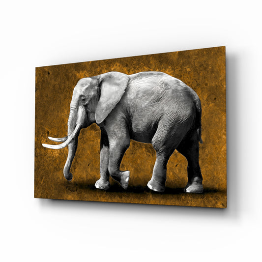 Amber Elephant glass wall art displayed above a console in a designer interior