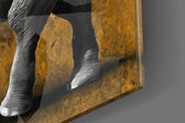 Amber Elephant artwork anchoring a wall with moody warm palette