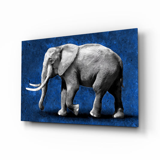 Cobalt Elephant glass wall art displayed above a console in a designer interior
