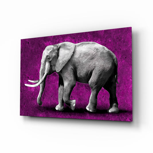 Magenta Elephant glass wall art displayed above a console in a designer interior