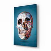 Geo Skull glass wall art displayed above a console in a designer interior