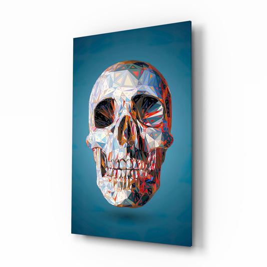 Geo Skull glass wall art displayed above a console in a designer interior