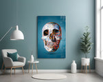 Geo Skull glass wall art styled above a desk in a creative office