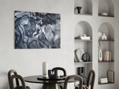 Storm Marble glass wall art styled above a desk in a man's office