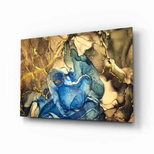 Sapphire Marble glass wall art displayed above a console in a designer interior