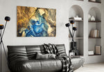 Sapphire Marble glass wall art styled above a console in a foyer