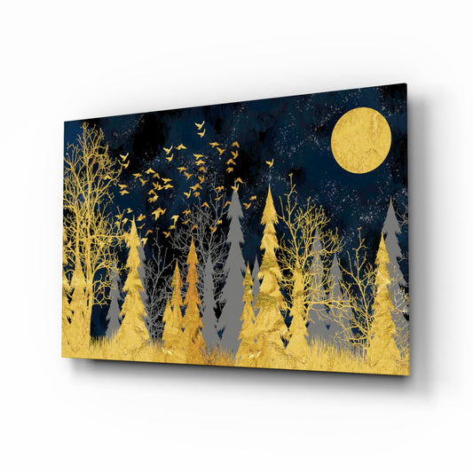 Gold Forest glass wall art displayed above a console in a designer interior