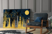 Gold Forest glass print enhancing a master bedroom with editorial drama