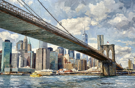Metropolis’s Golden Gateway: Brooklyn Bridge — 3D Haptic Embossed High-Gloss Luxury Wall Art