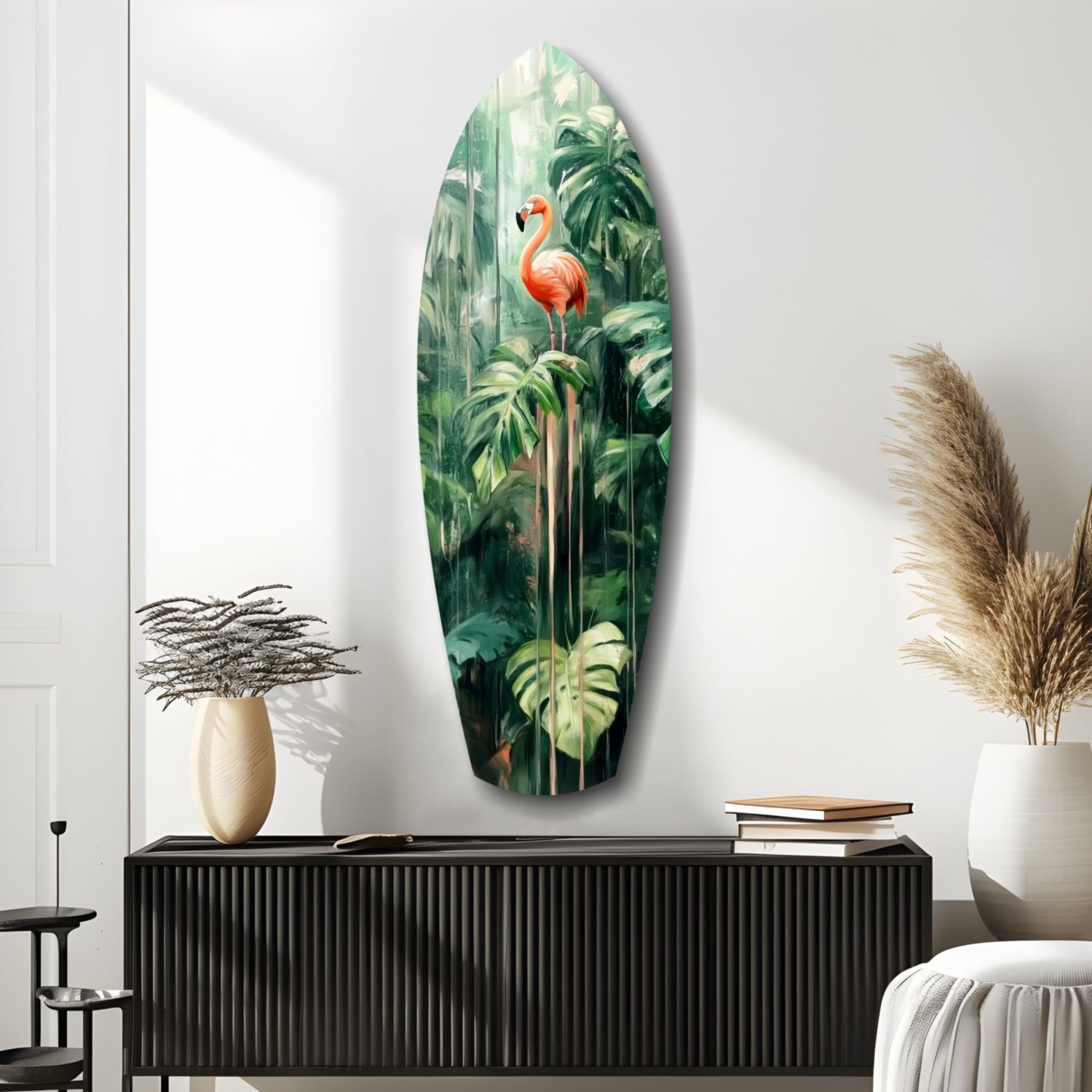 Tropical Flamingo Haven Glass Wall Art.