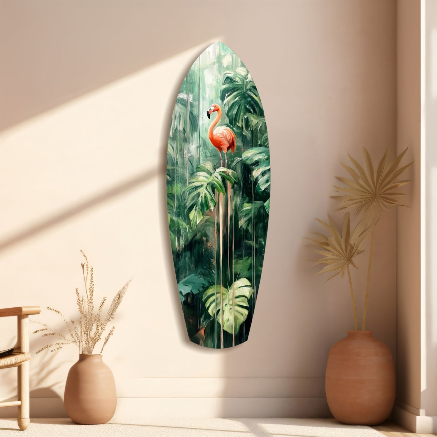 Tropical Flamingo Haven Glass Wall Art.