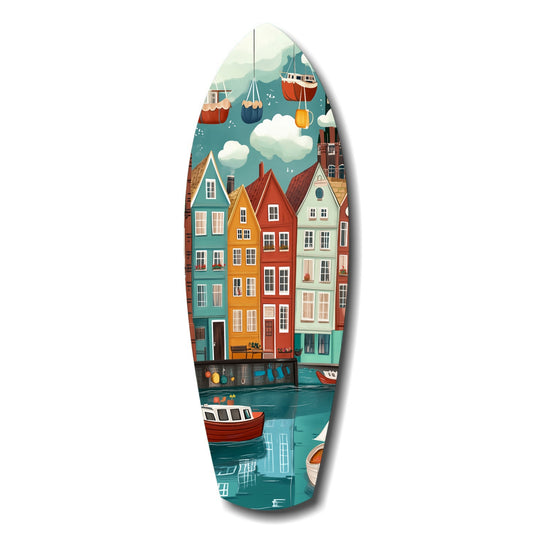 Cute Coastal Village Glass Wall Art.