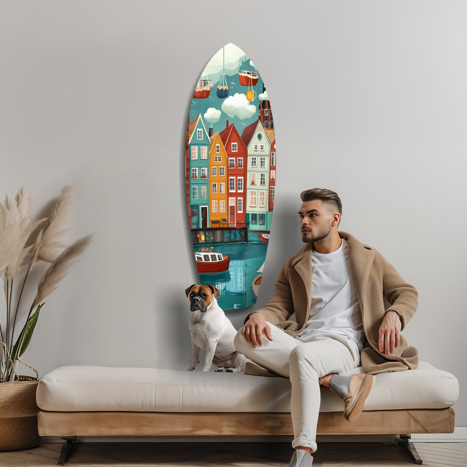 Cute Coastal Village Glass Wall Art.