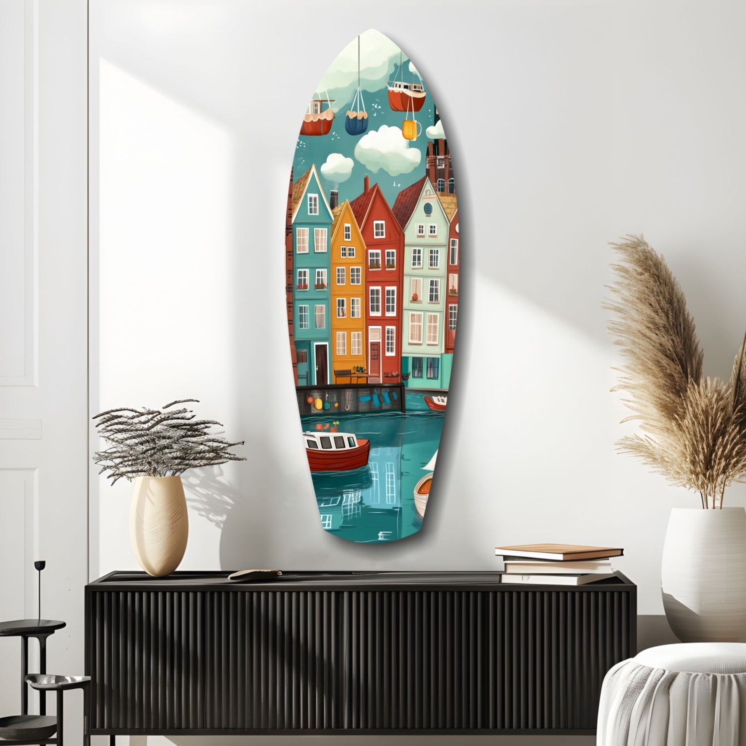 Cute Coastal Village Glass Wall Art.
