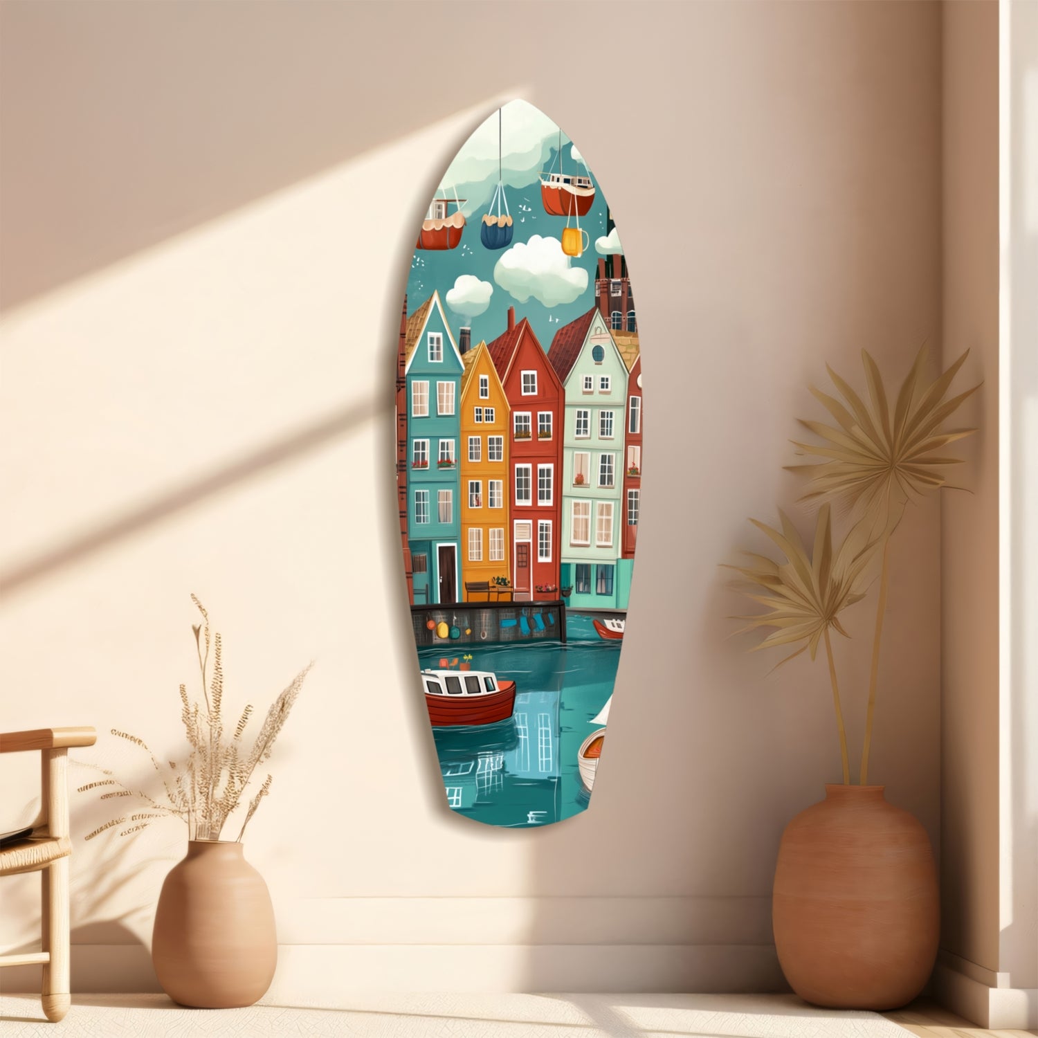 Cute Coastal Village Glass Wall Art.