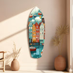 Cute Coastal Village Glass Wall Art.