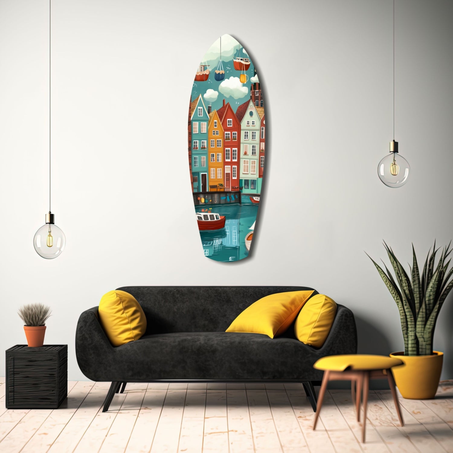 Cute Coastal Village Glass Wall Art.