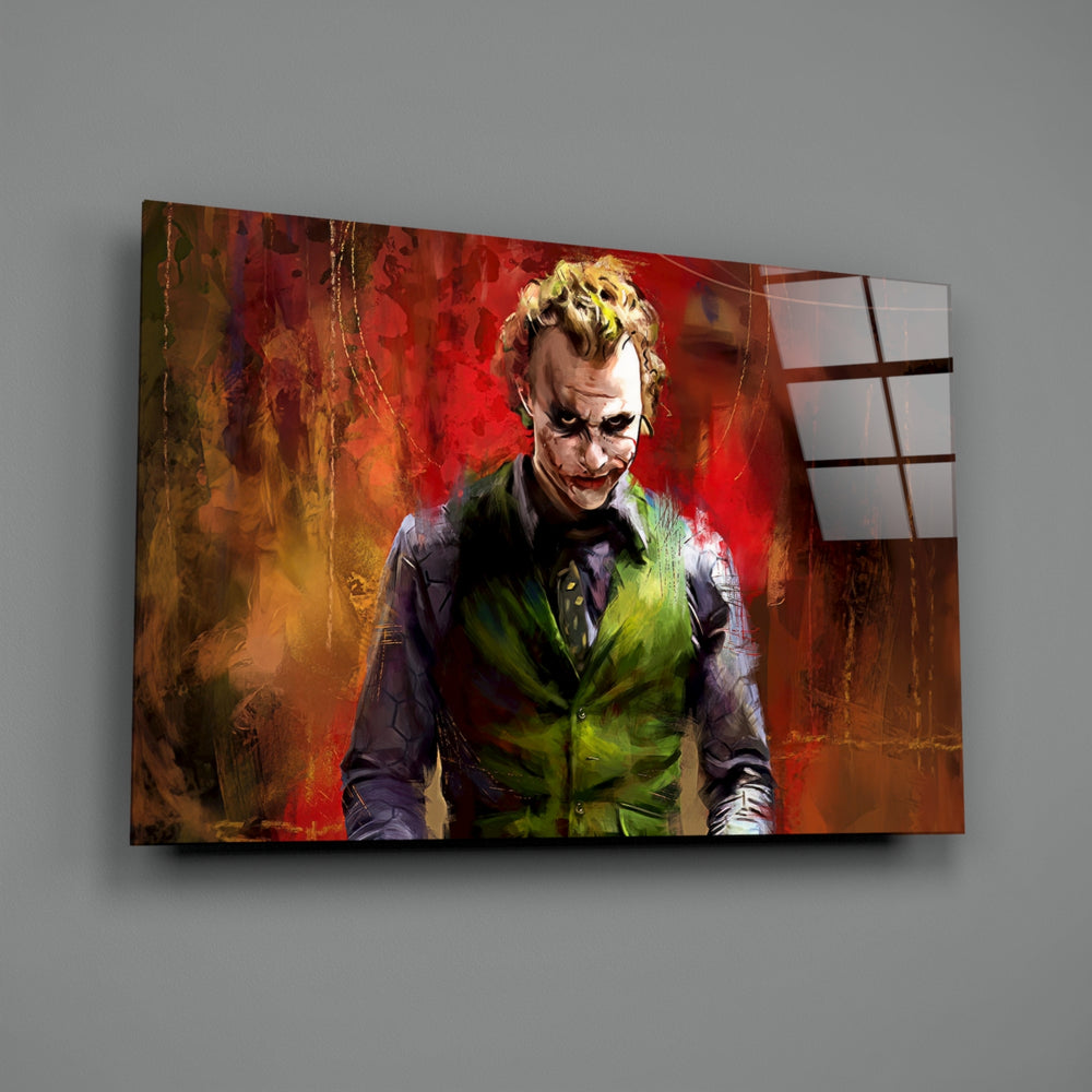 Close-up detail of contemplative Joker on scarlet field behind glass