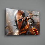 Close-up detail of Deathstroke mask with ember sparks behind glass