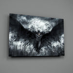 Close-up detail of Batman with spread cape over Gotham behind glass