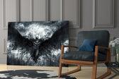 Cinematic artwork in a moody bedroom interior