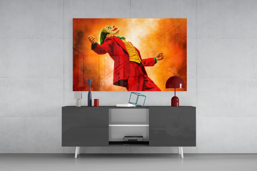 Joker Laugh glass wall art catching light to reveal its painted catharsis