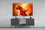 Joker Laugh glass wall art catching light to reveal its painted catharsis