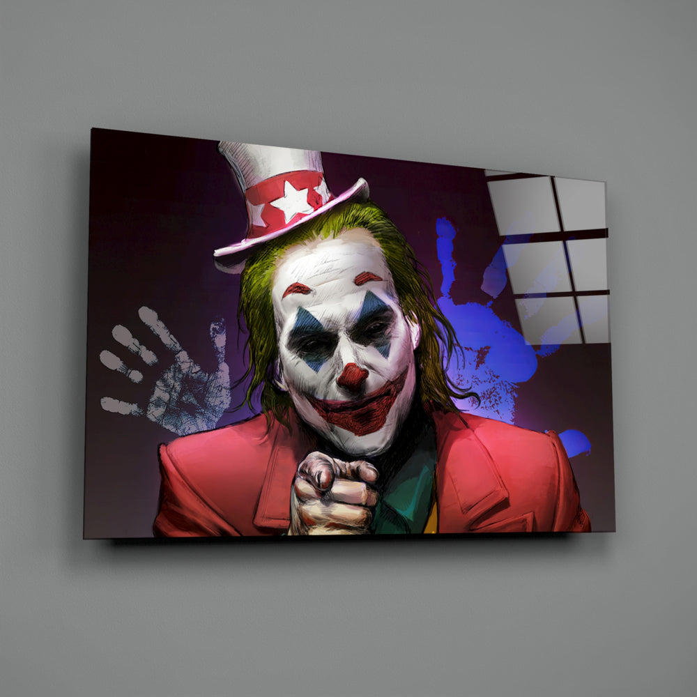 Close-up detail of Joker with star top-hat behind glass