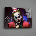 Close-up detail of Joker with star top-hat behind glass