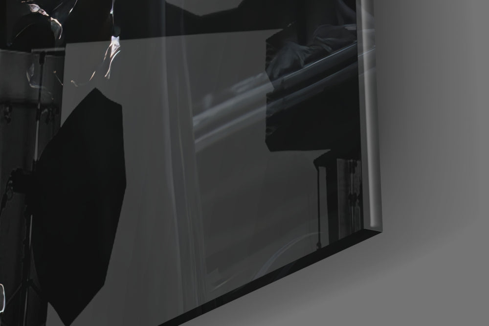 Batman Throne glass wall art catching light to reveal its painted waterfall