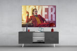 Joker Typography glass wall art catching light to reveal its painted letters