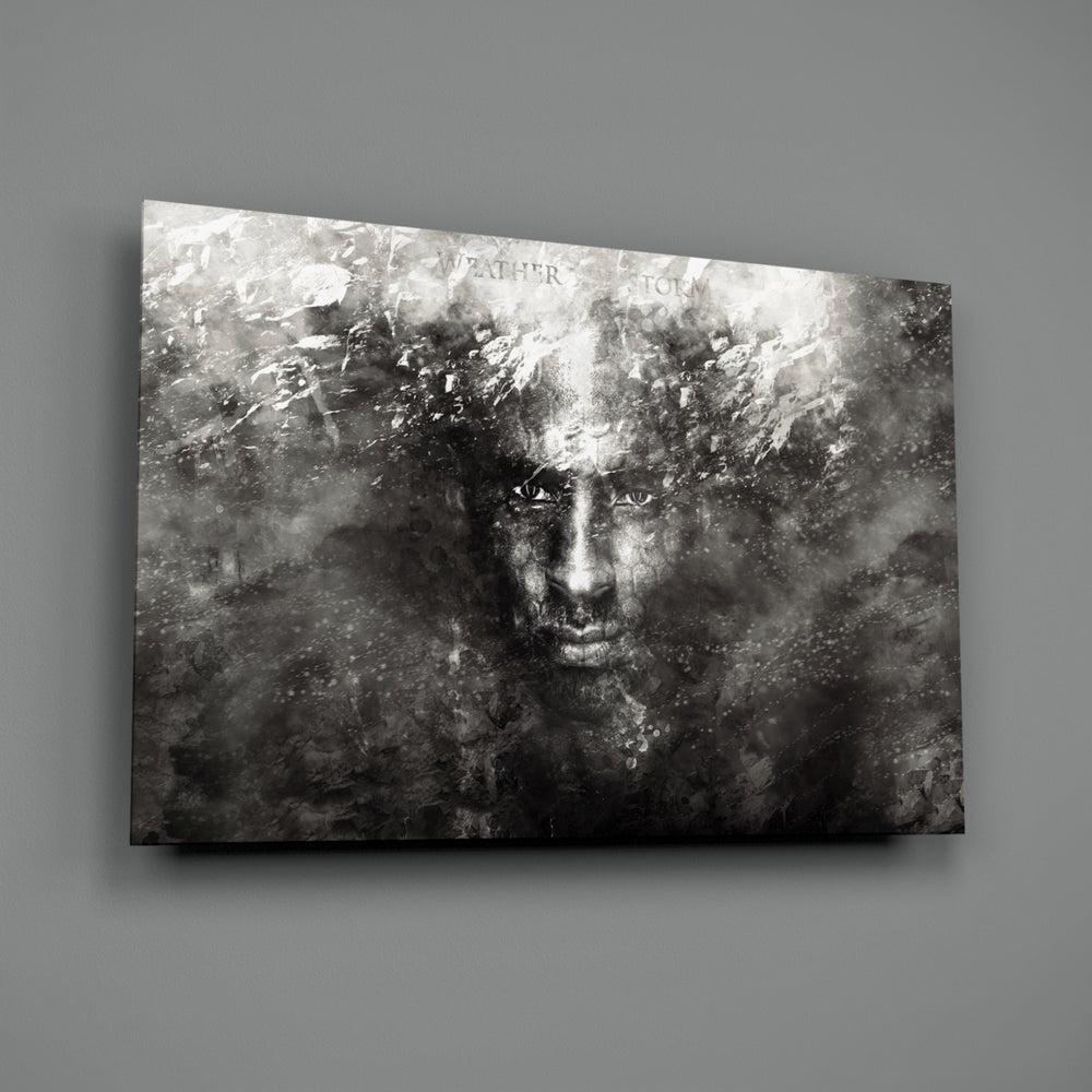 Close-up detail of Kobe in B&W storm clouds behind glass