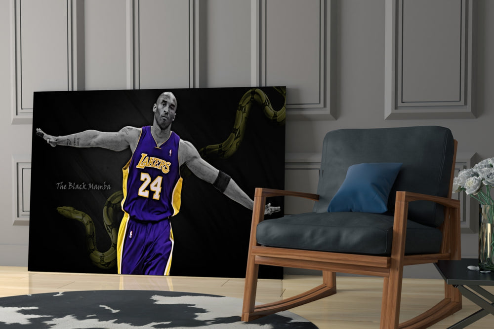 Cinematic artwork in a Lakers-leaning home interior