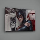 Close-up detail of Catwoman with Wanted poster behind glass