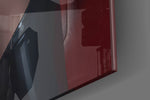 Cat Woman glass wall art catching light to reveal its painted poster