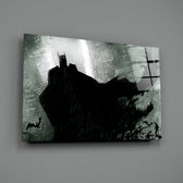 Close-up detail of charcoal Batman with cape-bats behind glass