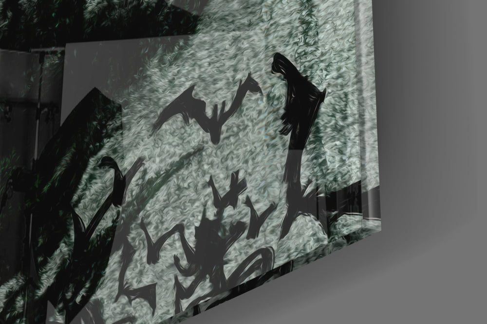 Batman Sketch glass wall art catching light to reveal its painted ink