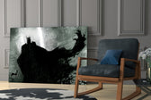Cinematic artwork in a moody bedroom interior