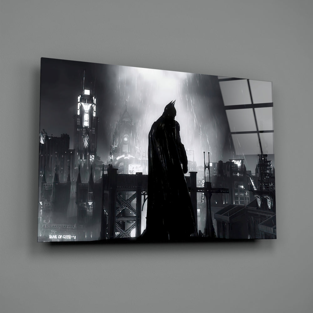Close-up detail of silhouetted Batman in Gotham rain behind glass