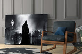 Cinematic artwork in a moody bedroom interior