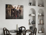 Period-drama yatay panel against a moody dark-painted accent wall